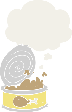 Bir insan tarafından çizilmiş, düşünce baloncuklu konserve yiyecekler.