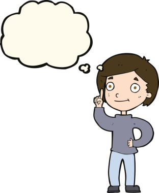 Bir insan tarafından çizilmiş düşünce baloncuğu fikri olan çizgi film çocuğu.