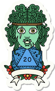 Bir insan tarafından çizilmiş doğal 20 zarlı yarı ork barbar bir karakterin çıkartması.