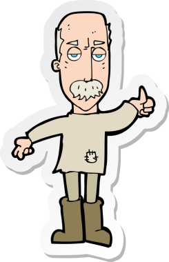 Çizgi film çıkartması. Bir insan tarafından çizilmiş yaşlı bir adam.