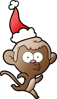 Şaşırmış bir maymunun insan tarafından çizilmiş Noel Baba şapkası giydiği el çizimi çizgi film.