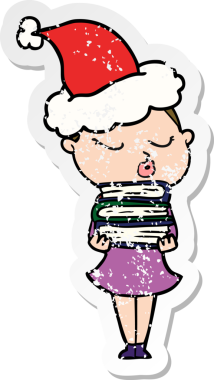 Bir insan tarafından çizilmiş Noel Baba şapkası giymiş sakin bir kadının el yazısı.