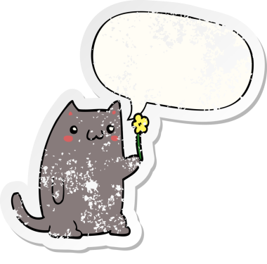 Konuşma baloncuğu olan sevimli çizgi film kedisi bir insan tarafından çizilmiş sıkıntılı eski bir çıkartma