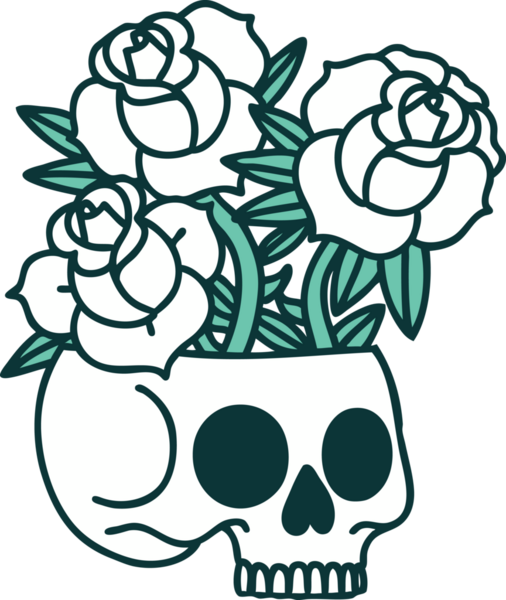 Bir insan tarafından çizilmiş kafatası ve güllerin ikonik dövme şekli