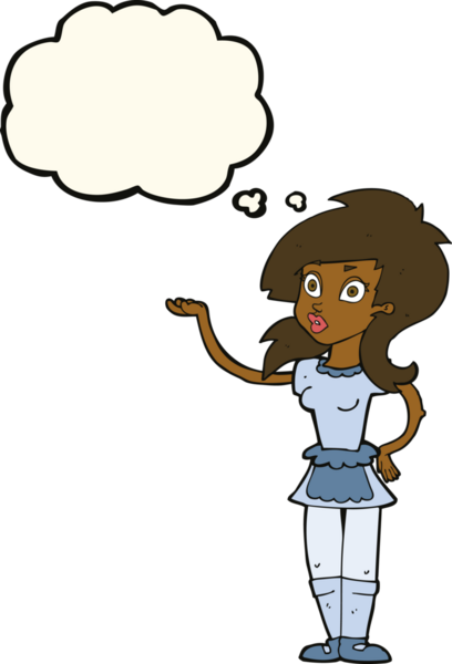 Bir insan tarafından çizilmiş düşünce kabarcığı olan güzel bir garson kız.