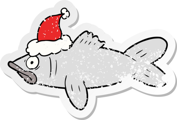 Bir insan tarafından çizilmiş Noel Baba şapkası giymiş bir balığın el çizimi karikatürü.