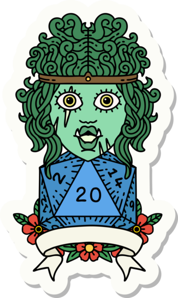 Bir insan tarafından çizilmiş doğal 20 zarlı yarı ork barbar bir karakterin çıkartması.