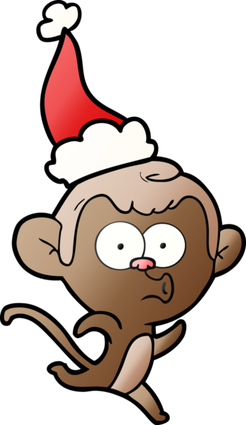 Şaşırmış bir maymunun insan tarafından çizilmiş Noel Baba şapkası giydiği el çizimi çizgi film.