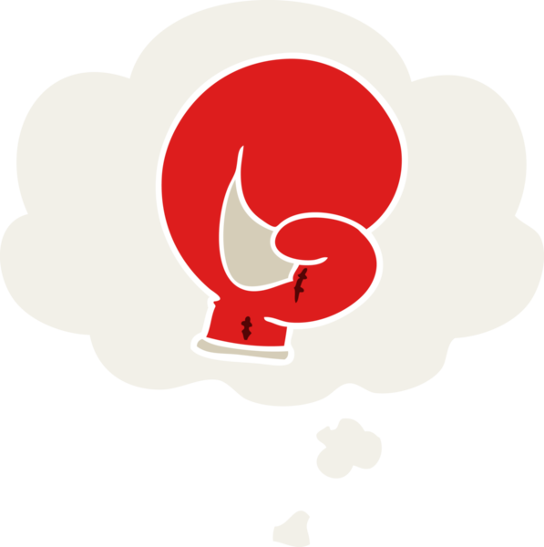 Düşünce baloncuklu boks eldiveni karikatürü bir insan tarafından çizilmiş.