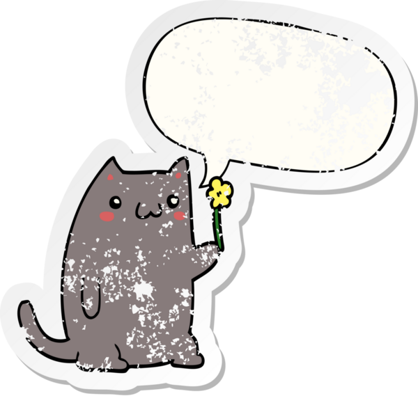 Konuşma baloncuğu olan sevimli çizgi film kedisi bir insan tarafından çizilmiş sıkıntılı eski bir çıkartma