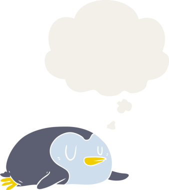 Düşünce baloncuğu olan bir penguen insan tarafından çizilmiş.