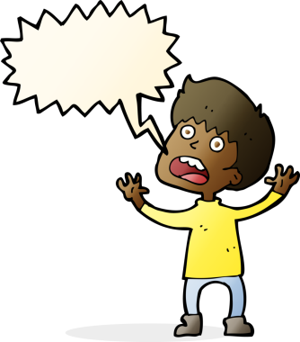 Bir insan tarafından çizilmiş konuşma balonu olan stresli bir çocuk.