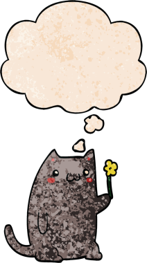 Bir insan tarafından çizilmiş grunge doku tarzında düşünce baloncuğu olan sevimli çizgi film kedisi.