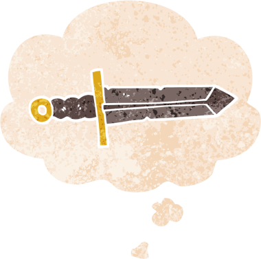 Düşünce baloncuğu ve grunge ile çizgi film kılıcı bir insan tarafından çizilmiş sıkıntılı retro stil