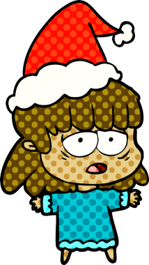 Bir insan tarafından çizilmiş Noel Baba şapkası giyen yorgun bir kadının el çizimi çizgi roman tarzı çizimi.