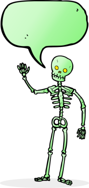 Bir insan tarafından çizilmiş konuşma baloncuğu ile iskelet sallayan çizgi film.