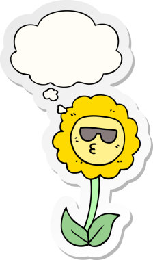 Düşünce baloncuklu karikatür çiçeği insan tarafından çizilmiş bir çıkartma gibi.