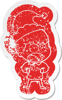 Şok olmuş bir adamın insan tarafından çizilmiş Noel Baba şapkası giymesi garip bir karikatür.