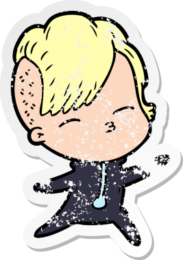 Bir insan tarafından çizilmiş, gözlerini kısan bir çizgi film karakterinin sıkıntılı çıkartması.