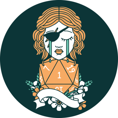 Bir insan tarafından çizilmiş doğal bir d20 rulo ile ağlayan insan düzenbazlığının simgesi