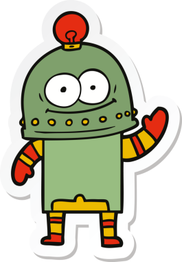 Bir insan tarafından çizilmiş mutlu bir karton robotun çıkartması.