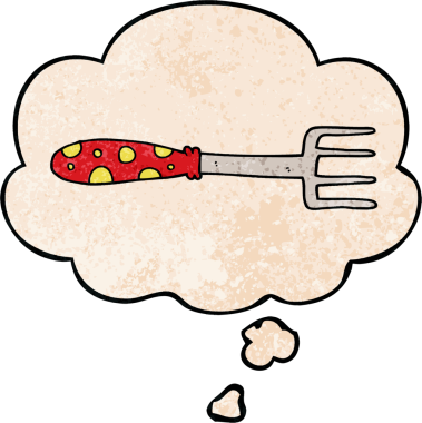 bir insan tarafından çizilmiş grunge desen biçiminde düşünce baloncuğu ile çizgi film çatalı