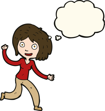 Bir insan tarafından çizilmiş düşünce balonlu mutlu el sallayan kız