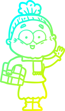 Bir insan tarafından çizilmiş, mutlu, yaşlı bir kadının çizimi.