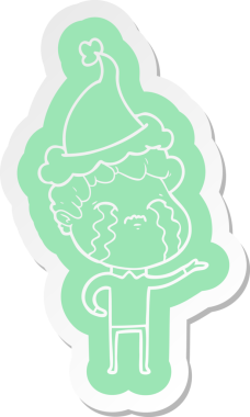 Bir insan tarafından çizilmiş Noel Baba şapkasıyla ağlayan bir adamın garip karikatür çıkartması.