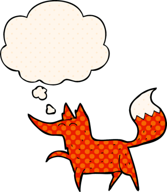 Bir insan tarafından çizilmiş çizgi roman tarzında düşünce baloncuğu olan çizgi film tilkisi.