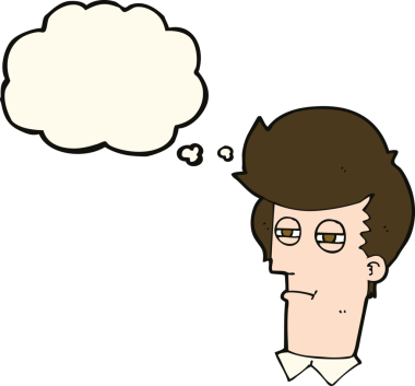 Bir insan tarafından çizilmiş düşünce baloncuğu olan şaşı gözlü çizgi film adamı.