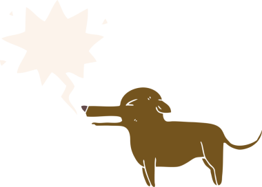 Konuşma baloncuğu olan bir insan tarafından çizilmiş bir çizgi film köpeği.