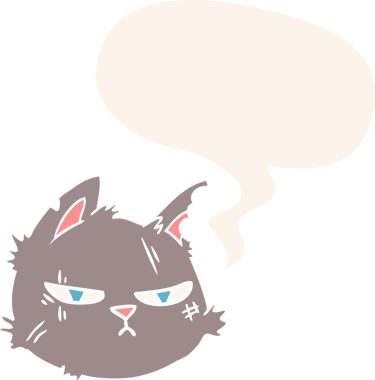 Bir insan tarafından çizilmiş eski tarz konuşma baloncuğu olan sert kedi yüzlü çizgi film.