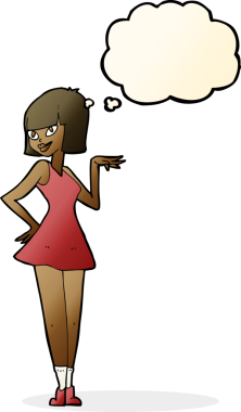 Bir insan tarafından çizilmiş düşünce baloncuğu olan güzel bir kadın.