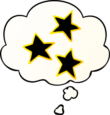 Düşünce baloncuğu olan çizgi film yıldızları, bir insan tarafından çizilmiş yumuşak eğimli şekildeler.