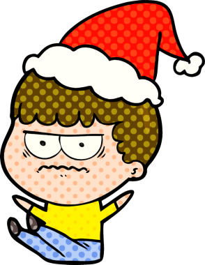 Bir insan tarafından çizilmiş Noel Baba şapkası giyen rahatsız bir adamın el çizimi çizgi roman çizimi.