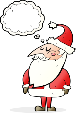 Bir insan tarafından çizilmiş düşünce baloncuklu Noel Baba çizgi filmi.