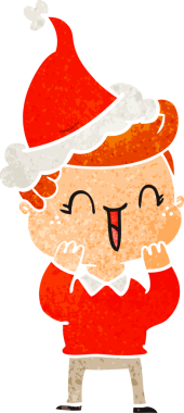 Bir insan tarafından çizilmiş Noel Baba şapkası giymiş gülen bir çocuğun el çizimi karikatürü.