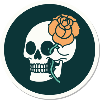 Geleneksel kafatası stili dövme çıkartması ve bir insan tarafından çizilmiş gül.