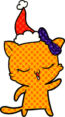 Bir insanın çizdiği Noel Baba şapkası takan bir kedinin el çizimi çizgi roman tasviri.