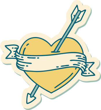 Bir insan tarafından çizilmiş ok kalp ve pankartın geleneksel stiliyle dövme çıkartması.