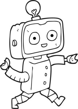 Bir insan tarafından çizilmiş siyah beyaz robot çizimi.