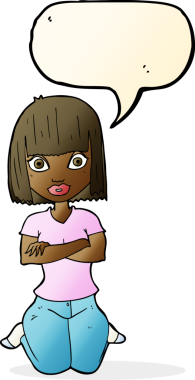 Bir insan tarafından çizilmiş konuşma baloncuğuyla diz çöken çizgi film kadını.