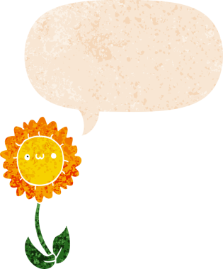 Bir insan tarafından çizilmiş grunge dertli retro biçimli konuşma baloncuklu karikatür çiçeği