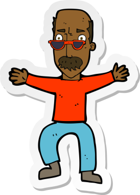 Çizgi film çıkartması. Yaşlı bir adam bir insan tarafından çizilmiş kollarını sallıyor.