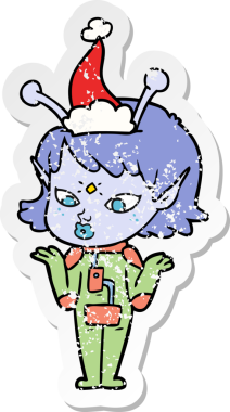 Bir insan tarafından çizilmiş Noel Baba şapkası giyen uzaylı bir kızın çizilmiş bir el yazısı.