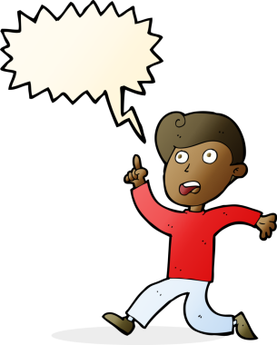 Bir insan tarafından çizilen konuşma baloncuğuyla panikleyen çizgi film çocuğu.