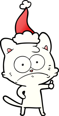 Bir insan tarafından çizilmiş Noel Baba şapkası giymiş gergin bir kedinin el çizimi karikatürü.