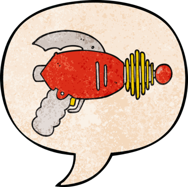 Konuşma baloncuğu olan karikatür ışın tabancası insan tarafından çizilmiş.