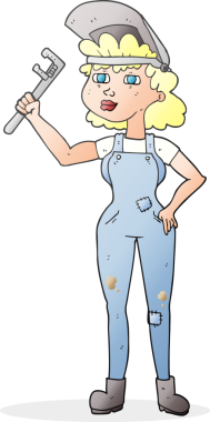 Bir insan tarafından çizilmiş ingiliz anahtarı olan serbest çizilmiş karikatür yeteneği olan bir kadın.